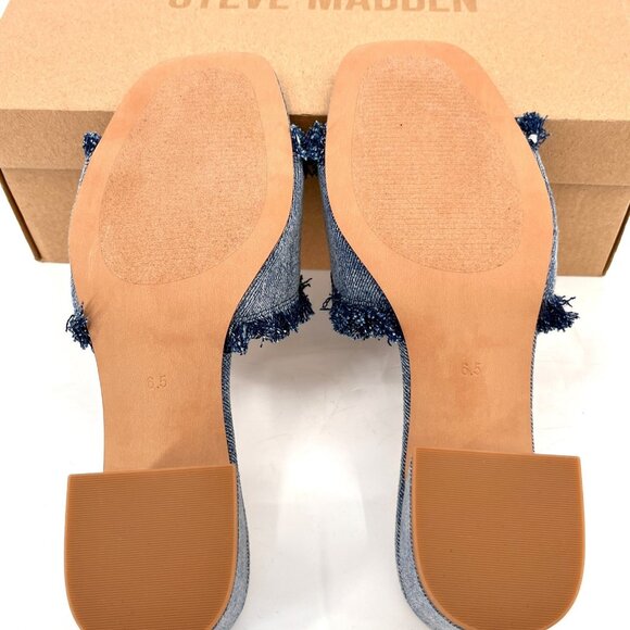 Steve Madden Santana Block Heel Sandals Size 6.5 Denim Frayed Strap Slip-On - Picture 8 of 15